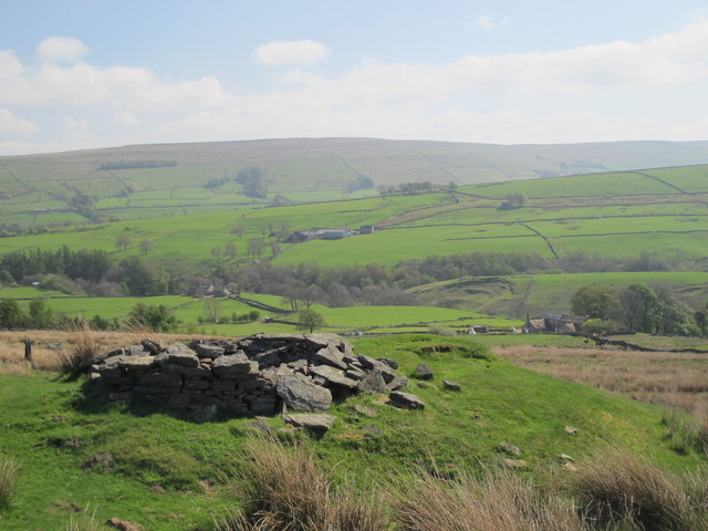 A collapsed stone-lined shaft top in rough grass, looking out across the green Mohope valley to the fells beyond.