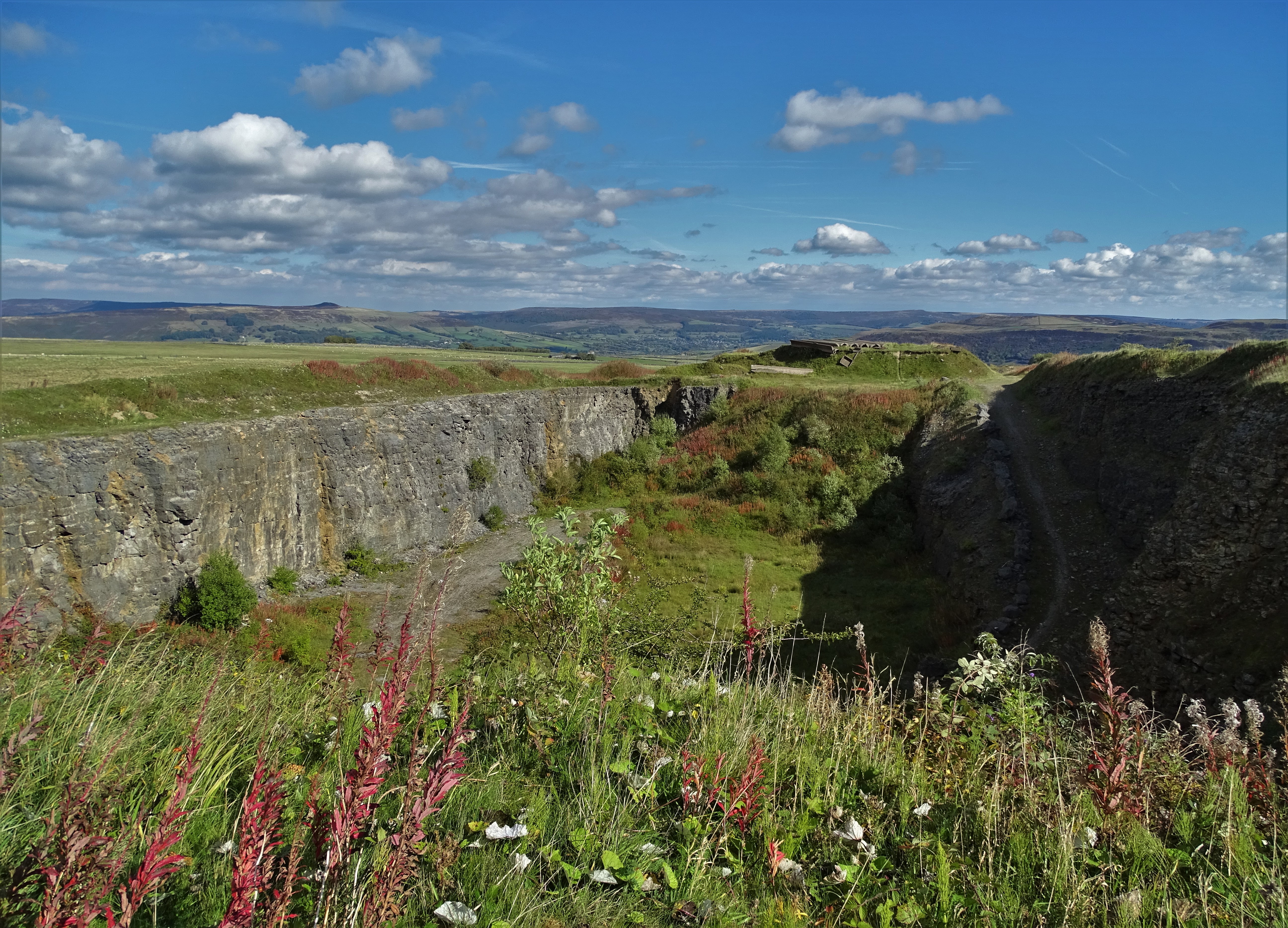The workings of Moss Rake Quarry on Bradwell Moor, Derbyshire, now used by rock climbers.