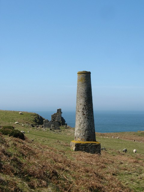 Surviving mine building remains at Carmel Head, part of the Rhosmynach and Carmel copper mines.