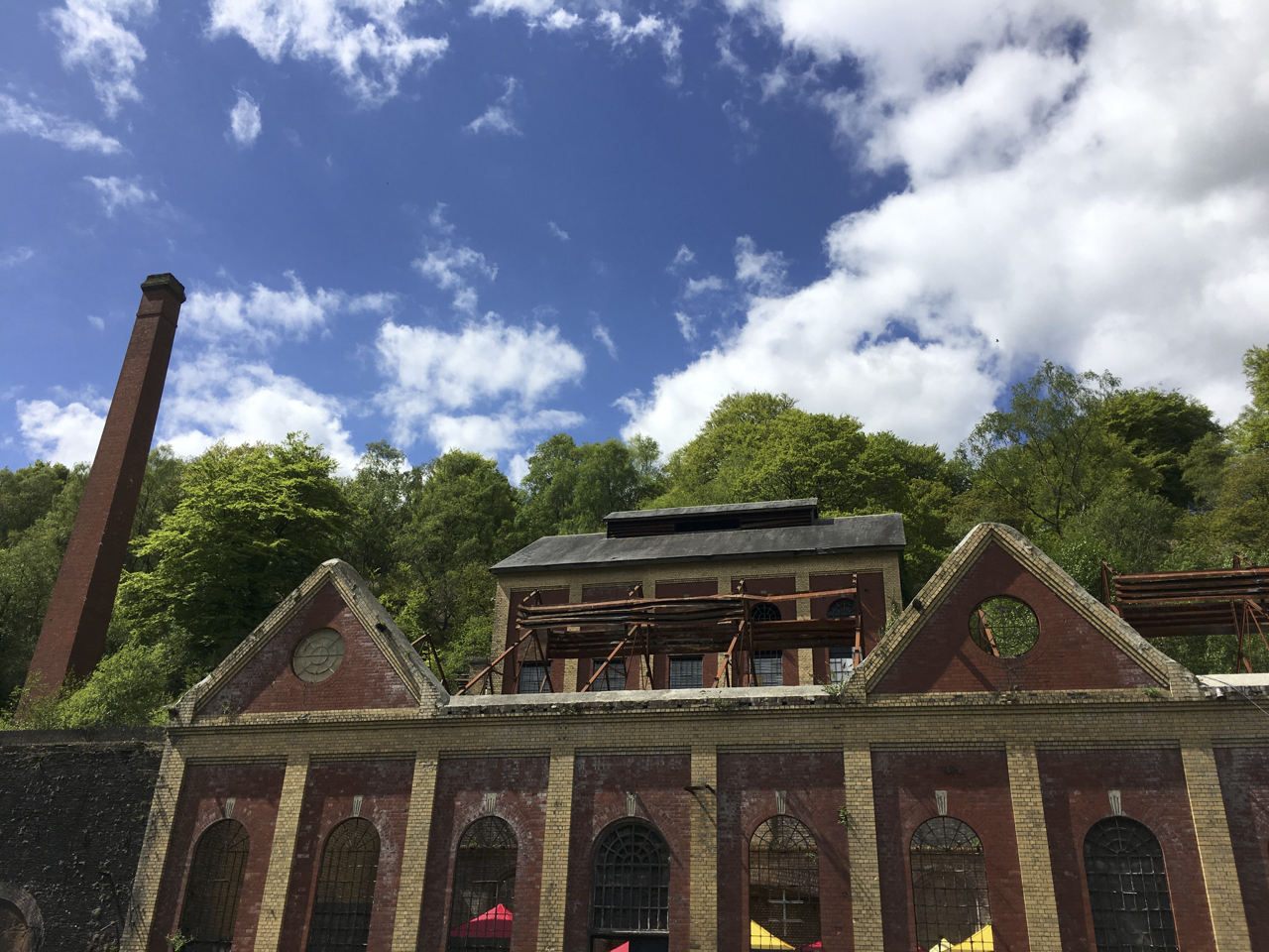 The surviving chimney, powerhouse and north winding house of Navigation Colliery, Crumlin, part of the best-preserved colliery complex in South Wales.
