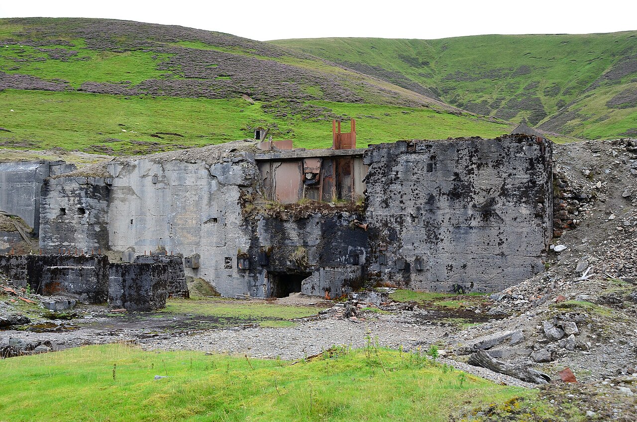 A substantial concrete mine structure surviving at New Glencrieff Mine, Wanlockhead.