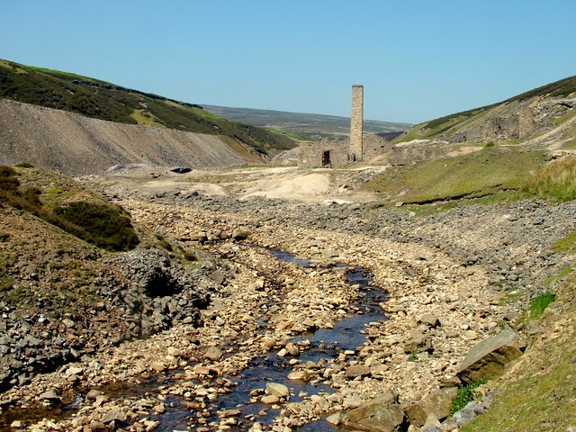 The ruined Old Gang Lead Smelting Mill in Swaledale, looking up Mill Gill towards the mill.