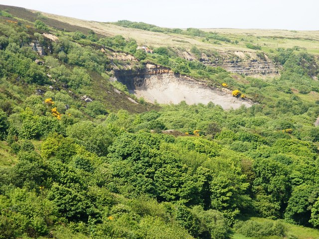 The grassed-over amphitheatre of disused alum shale quarries near Ravenscar, viewed from the former Whitby-Scarborough railway line.