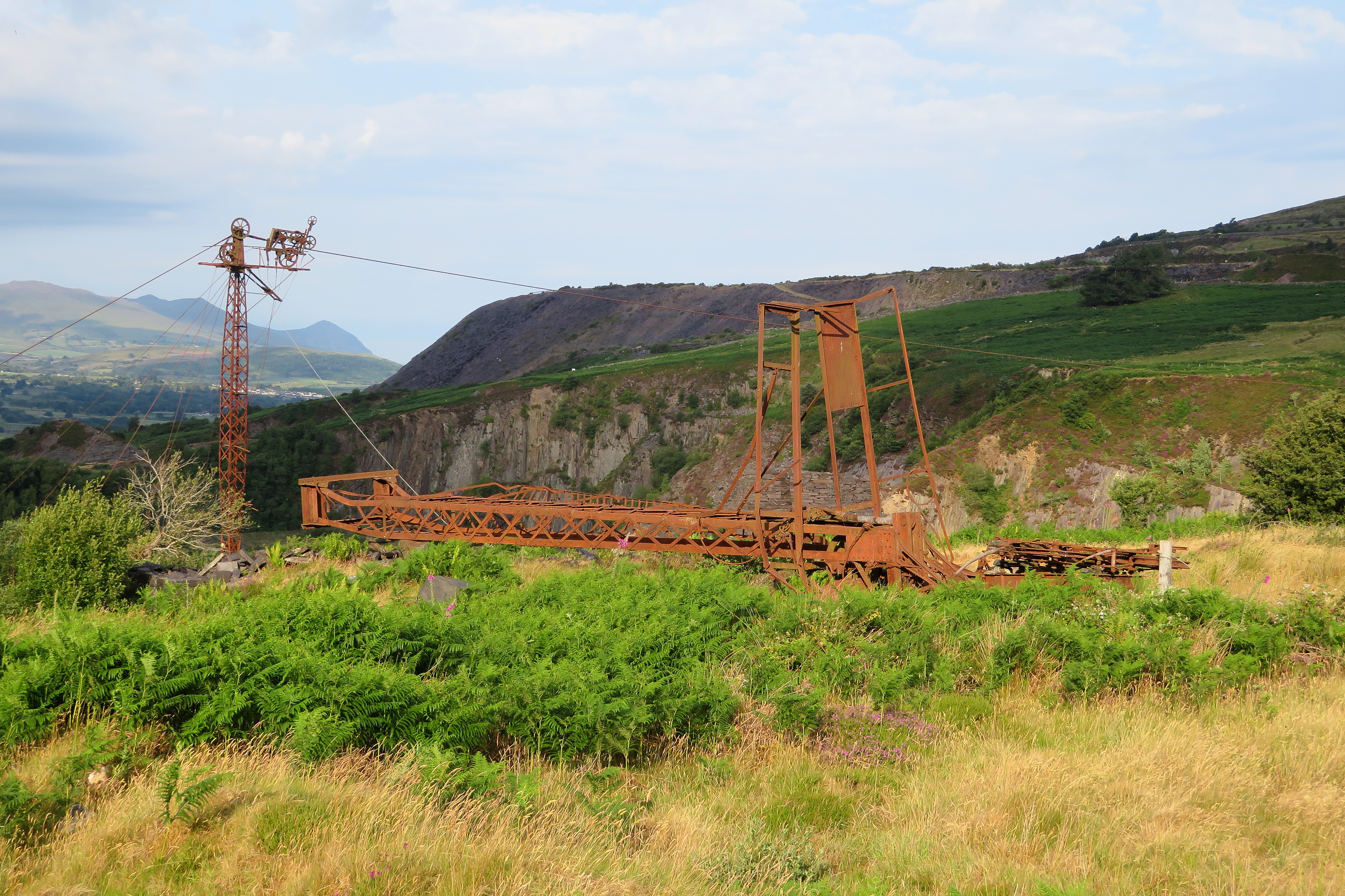 Surviving Blondin towers standing above the abandoned slate pits at Pen-yr-Orsedd.