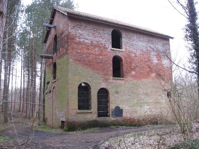 A tall roofless brick engine house with arched and square openings, standing among bare trees on a wooded slope.