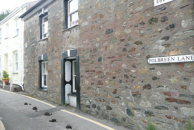 A narrow unsurfaced lane between rows of small former mining cottages in a Cornish village.