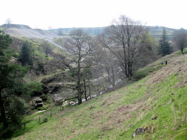 A steep valley side with pale spoil heaps spreading down through bare trees to the beck below.