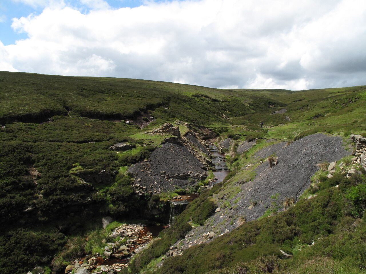 The site of the former Punchard Coal Level in Arkengarthdale, showing an eroding spoil heap and ruined building; the mine portal itself is no longer visible.