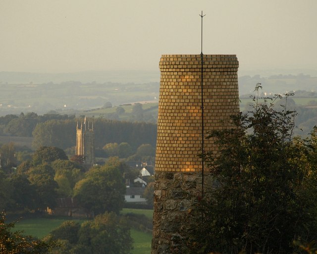 The tapered brick chimney of Ramsley Mine on Ramsley Common, South Zeal, rebuilt in 1998 after a lightning strike.