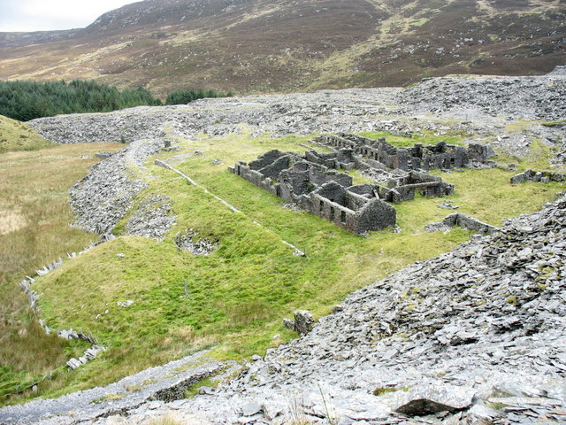 The ruined barracks settlement of Pentre Rhiwbach, seen from the exit road, built to house workers at the remote Rhiwbach slate quarry.