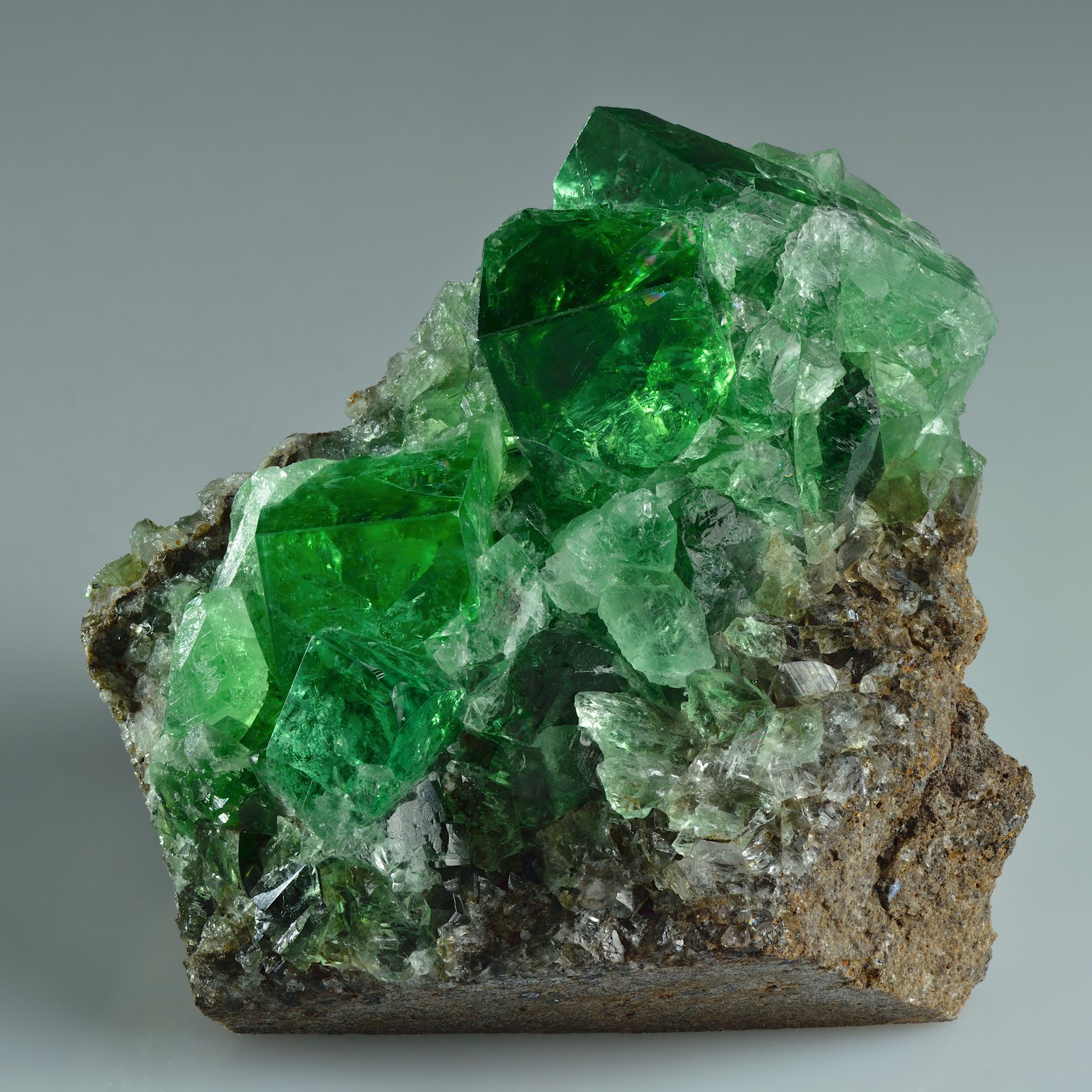 Green twinned fluorite crystals up to 18mm on matrix, recovered from the Diana Maria mine at Rogerley quarry.