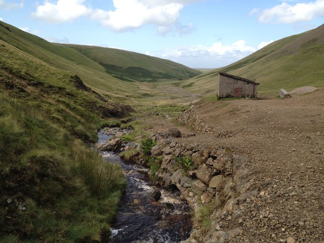 Abandoned mine workings and a sealed building at the head of Roughten Gill, Cumbria.