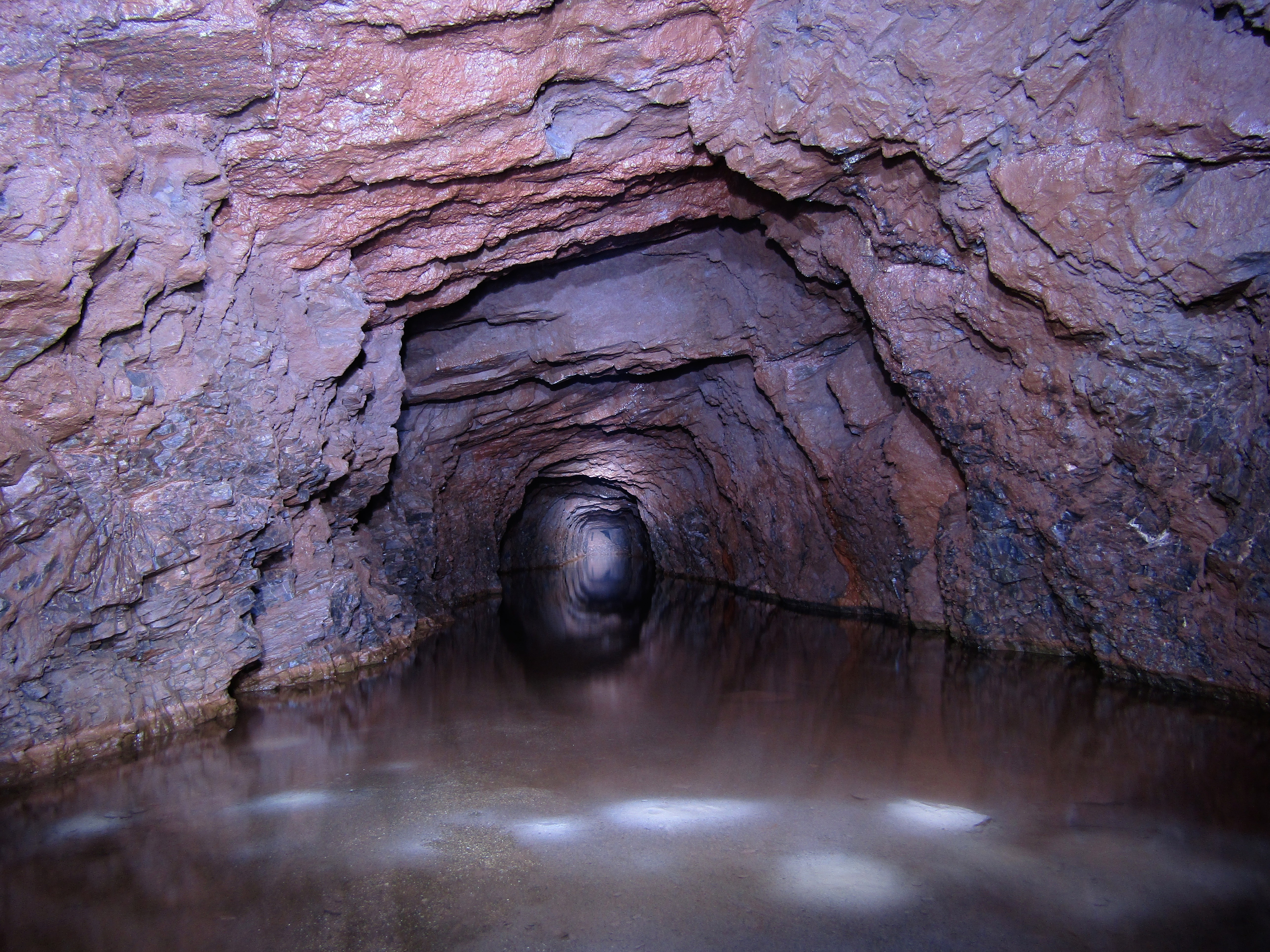 The interior of a partially flooded adit at Sharkham Point Iron Mine, Brixham, showing a collapsed wooden support structure and rubble in the tunnel.