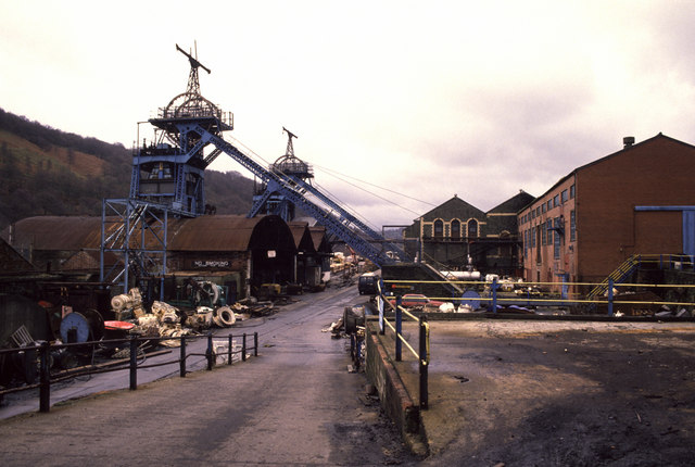 The surface buildings and headgear of Six Bells Colliery photographed in January 1989, shortly after closure.