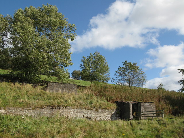 Rough pasture at Sparty Lea with concrete foundations from the former mine buildings of St Peter's Mine standing in the grass.