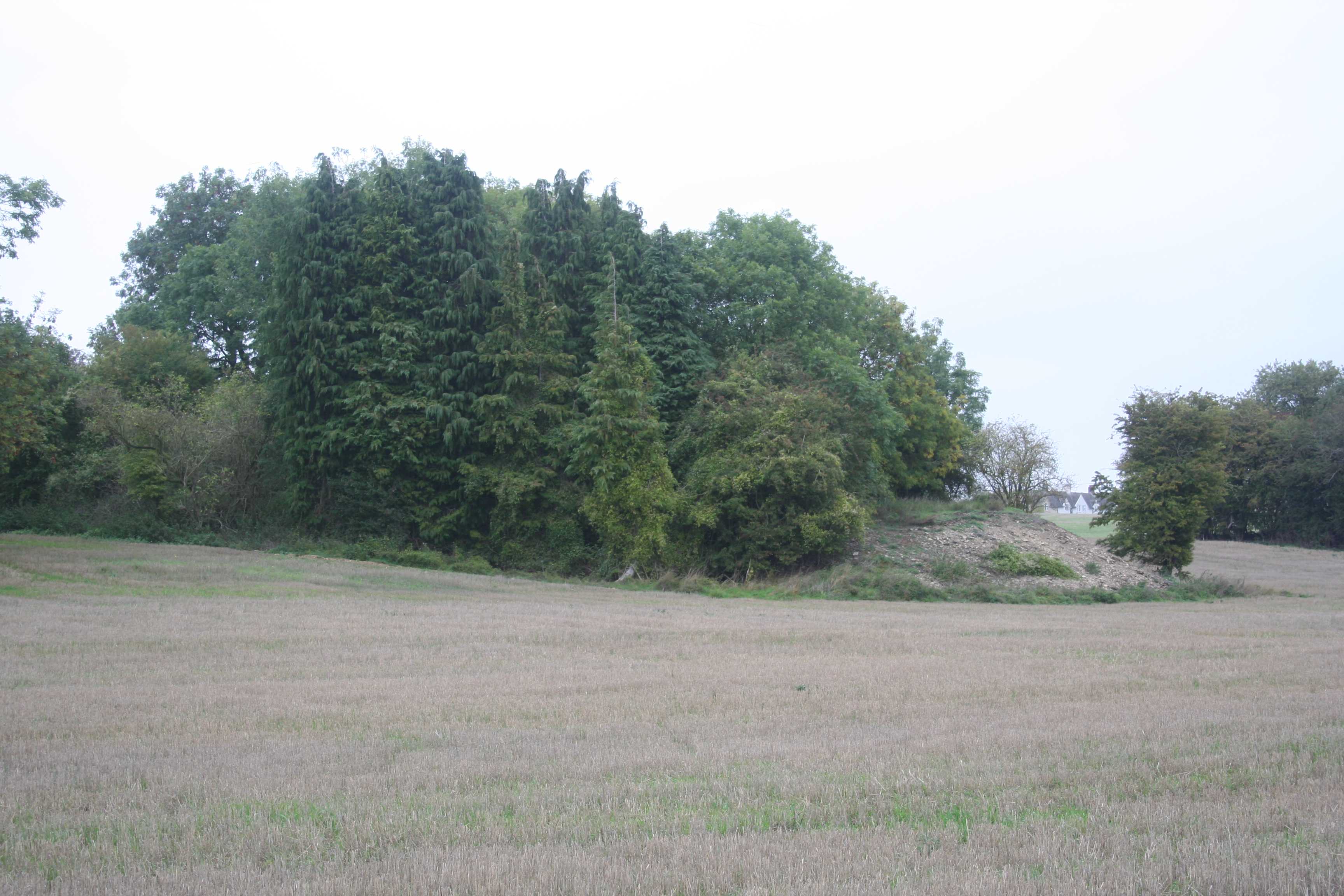 A grassy spoil heap of pale limestone rubble from the old Stonesfield slate mines, in open countryside near the village.