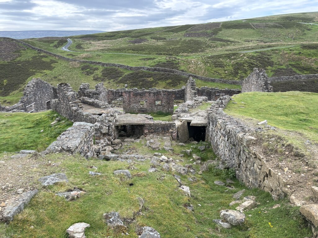 The ruined walls of Surrender Lead Smelting Mill in Swaledale, North Yorkshire.