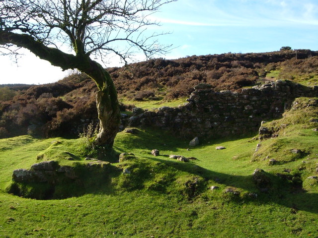 A ruined mine building at Vitifer Mine on Dartmoor, Devon.
