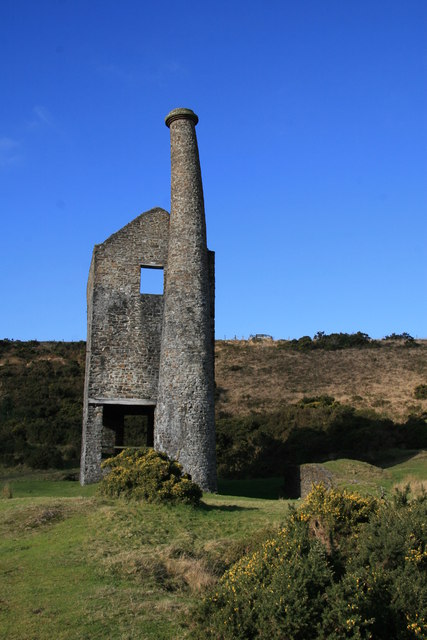 The distinctively leaning chimney of the Wheal Betsy engine house, the last standing on Dartmoor.