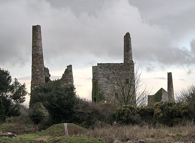 The three surviving engine houses at Wheal Peevor, near Redruth, Cornwall.