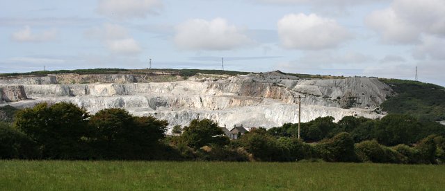 An aerial view of the vast open-cast Wheal Remfry china clay pit near Fraddon, Cornwall, which occupies most of its map grid square.
