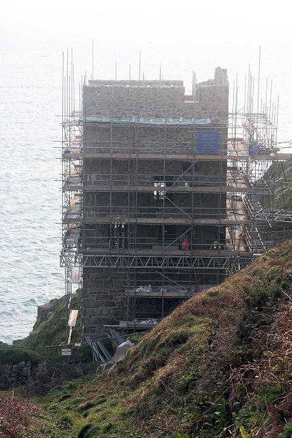 A ruined Cornish engine house of Wheal Trewavas on the cliffs near Rinsey, Cornwall.