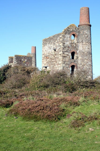 The surviving twin engine houses at Hind's Shaft, Wheal Uny, Redruth, Cornwall.