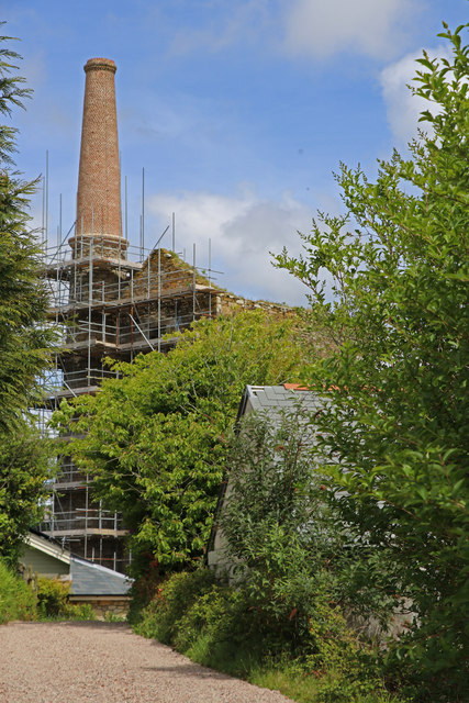 The surviving mid-19th-century engine house originally built over Trelawney's Shaft at Wheal Vor, dismantled and rebuilt stone by stone in 1864 at the neighbouring Wheal Metal's Ivey's Shaft.