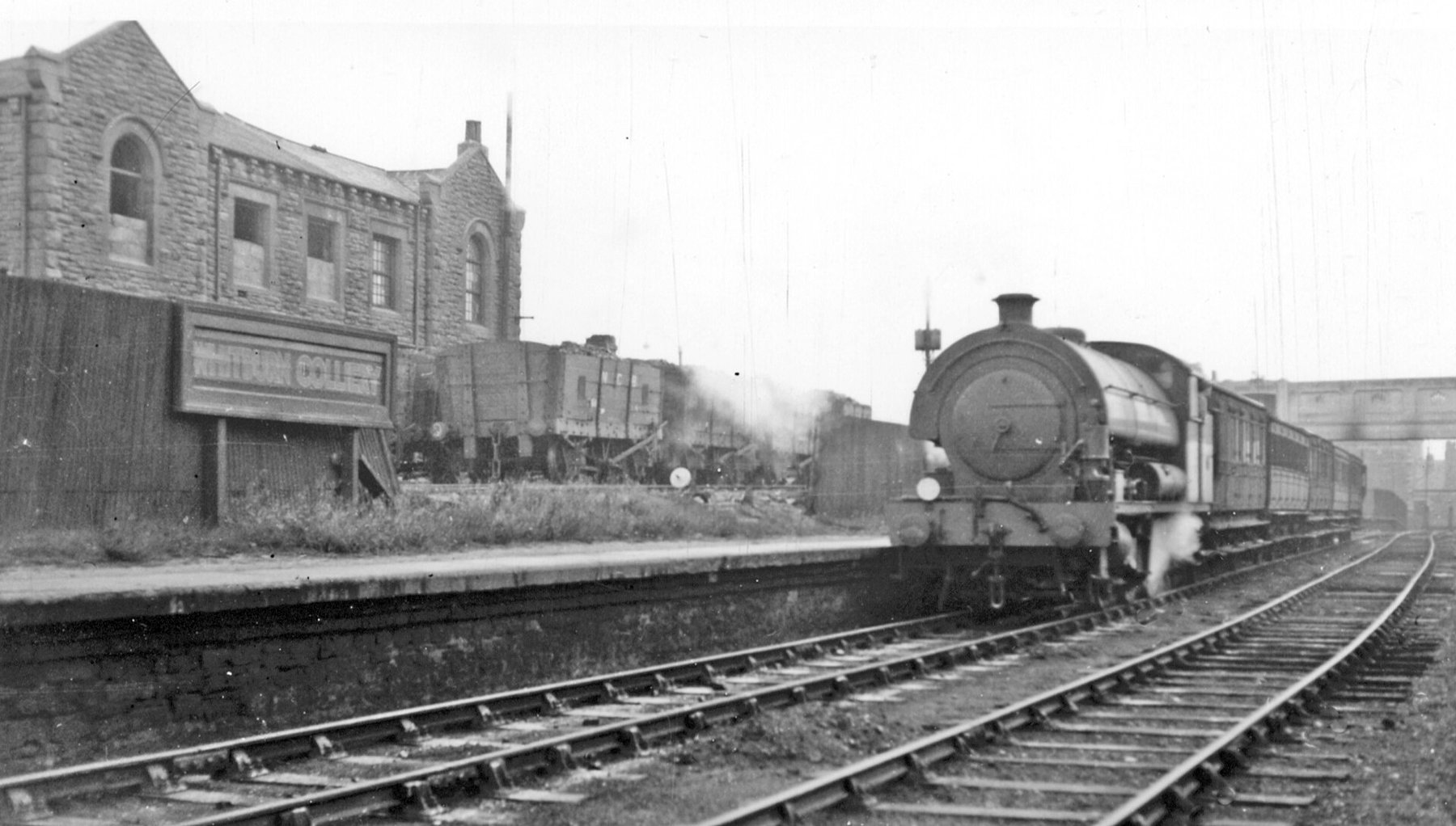 A passenger train from South Shields standing at Whitburn Colliery station in 1953, on the final day of public services over the South Shields, Marsden and Whitburn Colliery Railway