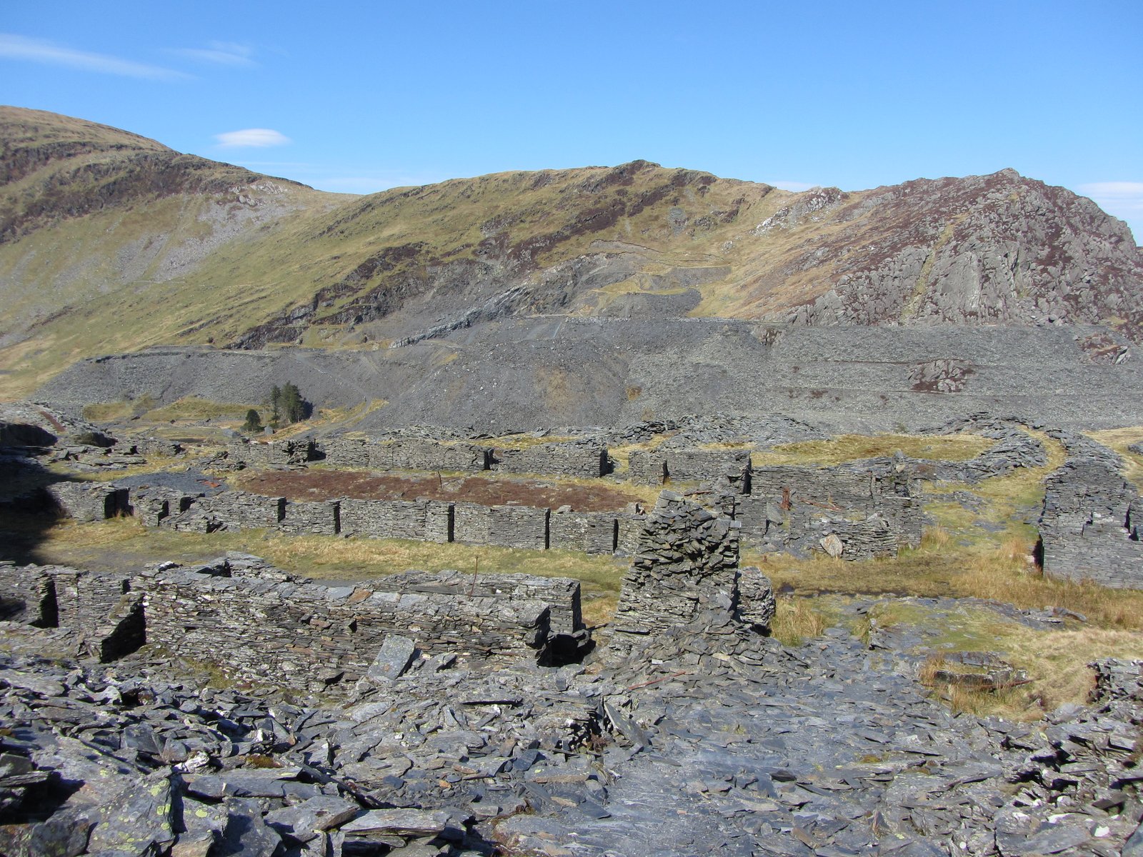Surface remains of Wrysgan slate quarry above Tanygrisiau, Blaenau Ffestiniog.