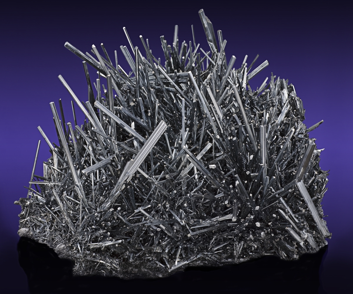 A large stibnite (antimony sulphide) specimen — the mineral form in which antimony ore was worked at Glendinning.