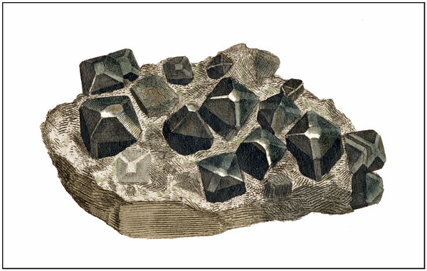 An 1803 hand-coloured illustration of cassiterite, the tin ore mineral concentrated into black tin, from Cornwall.