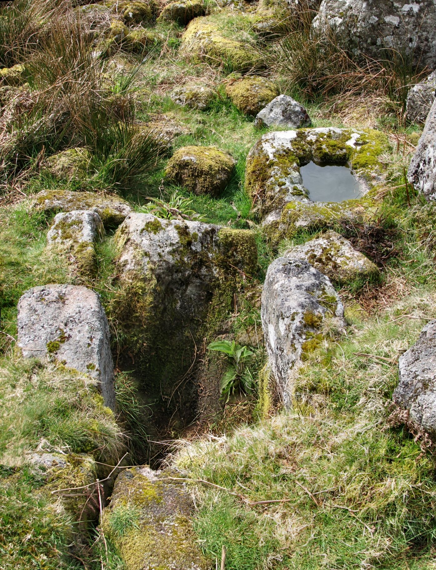 The furnace, float stone and mould stone remains of a blowing house on the River Walkham, Dartmoor.