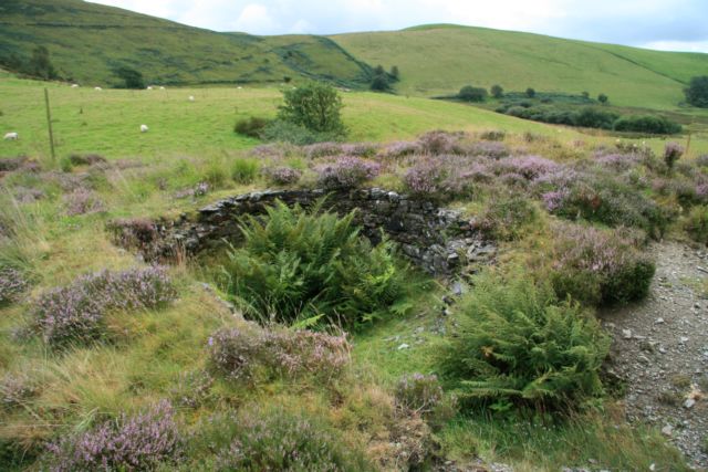 A circular, masonry-lined hollow set in rough moorland grass and heather, the remains of a capstan pit, with green hillside beyond.