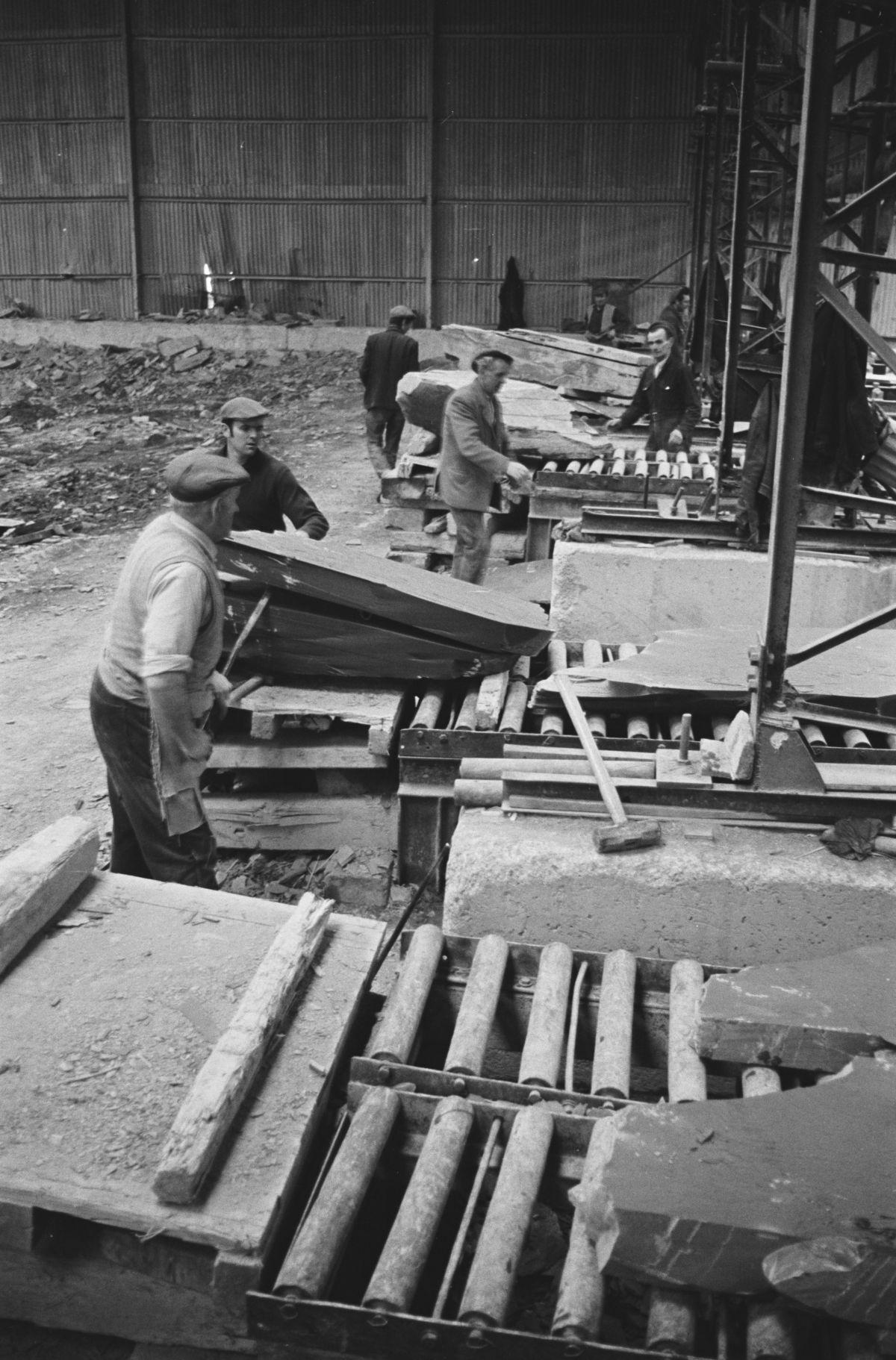 Black-and-white photograph of Penrhyn Quarry's stepped terraces and galleries, Bethesda, taken in 1970