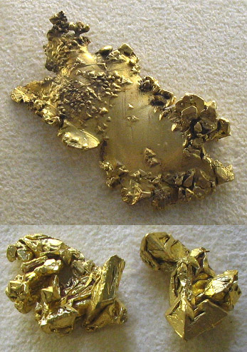 Native gold nuggets: one from the Washington mining district, California, and two from Victoria, Australia, showing octahedral crystal formation.