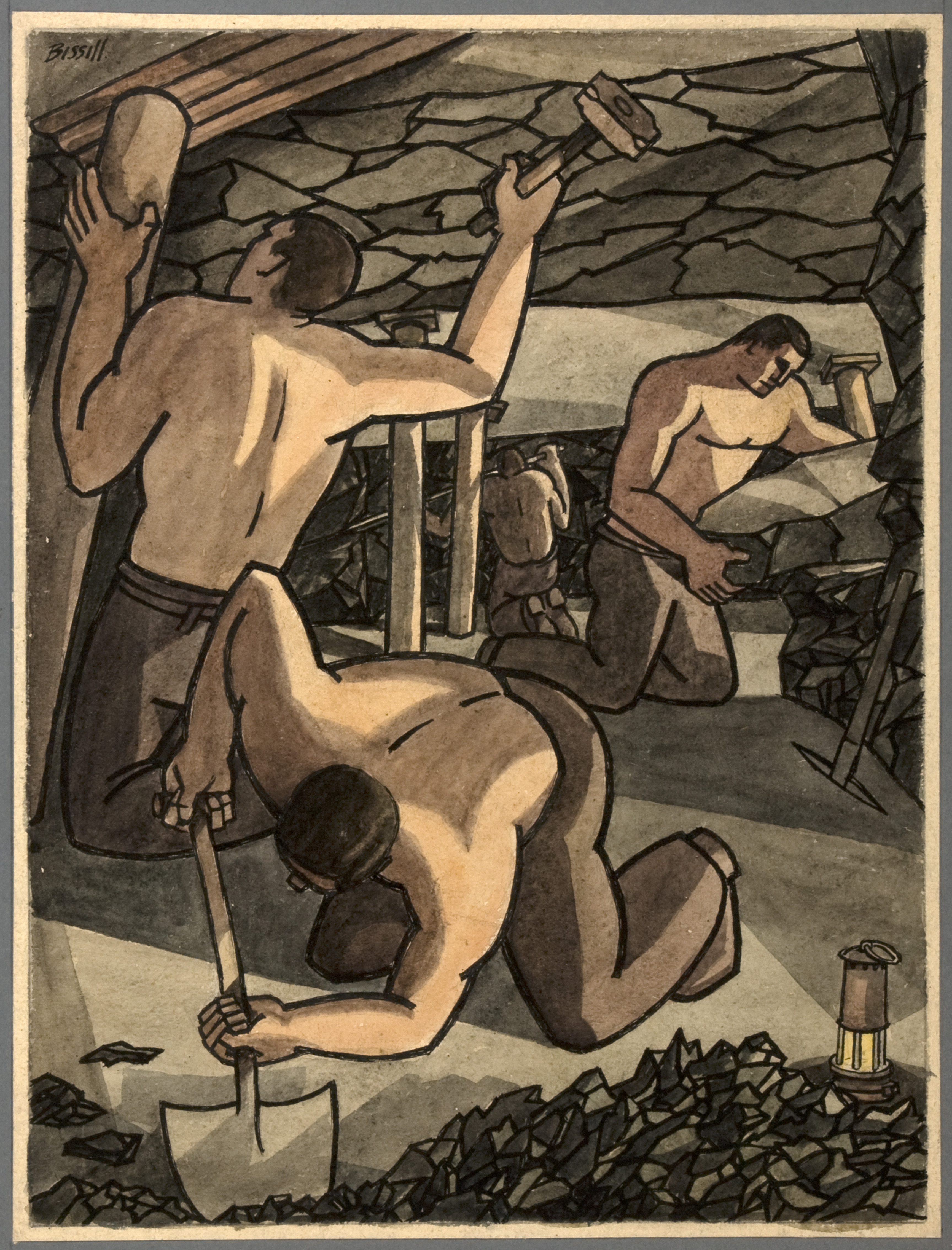 A wartime painting by George Bissill of coal miners hewing coal and propping the roof at the face.
