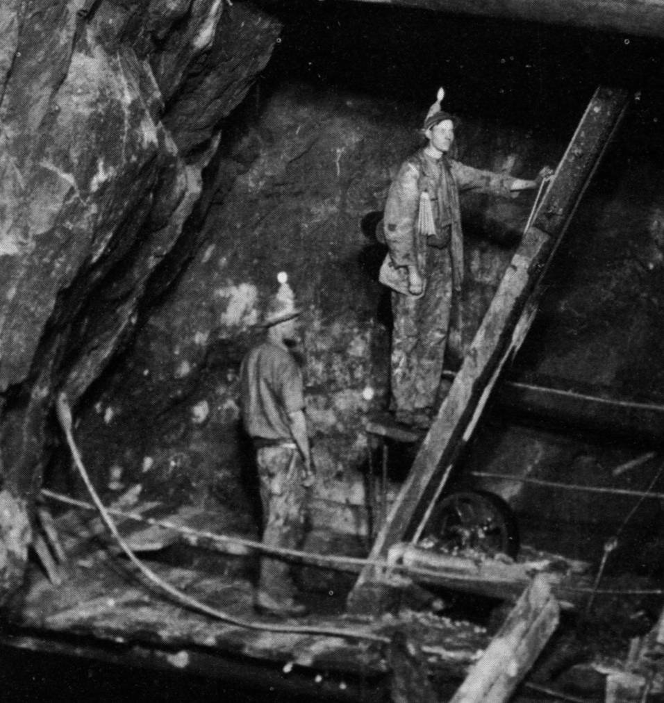 The sollars (platforms) of the man-engine shaft at Dolcoath Mine, 234 fathoms down, photographed by flash-light in 1893.