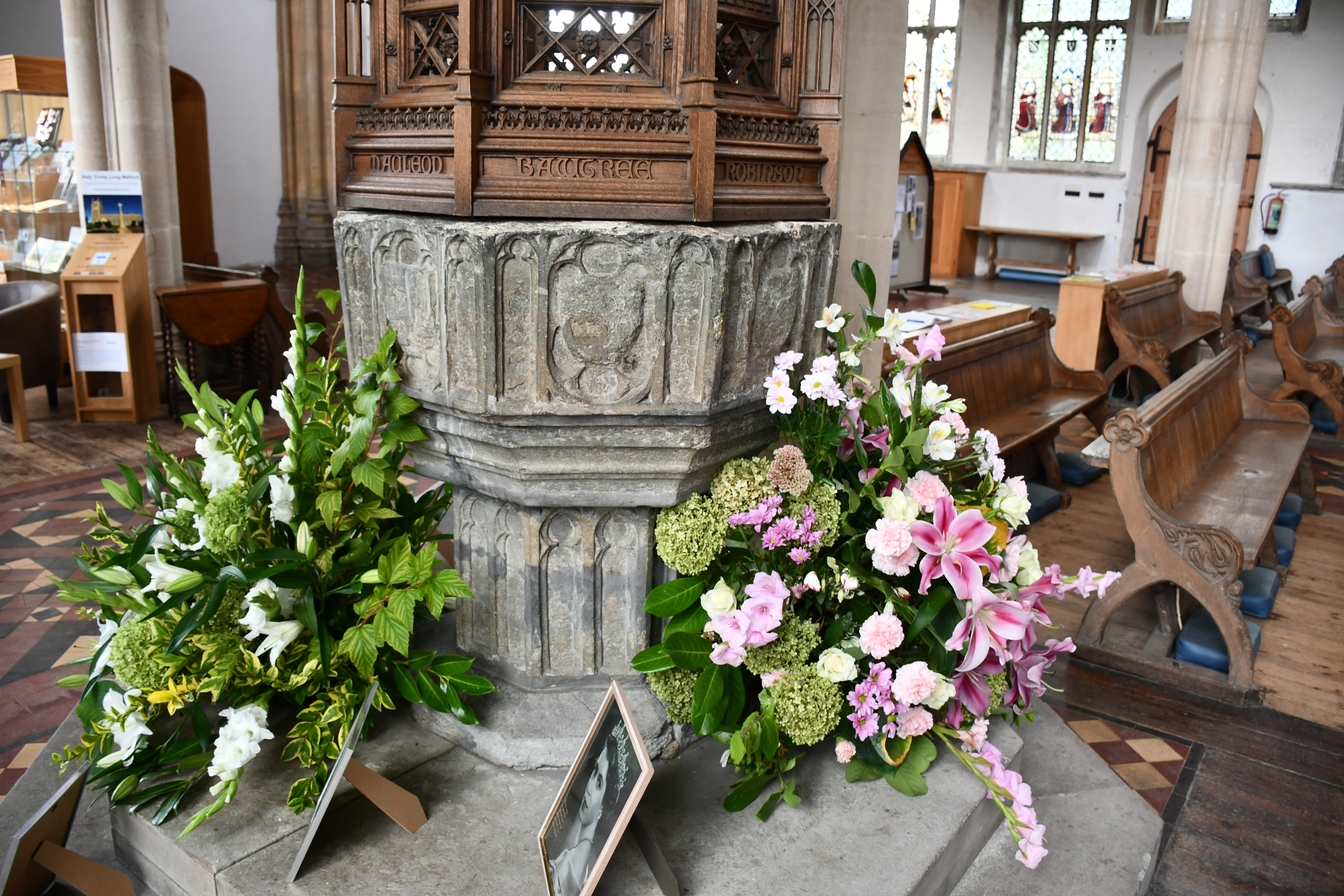 A perpendicular octagonal font of Purbeck Marble at Holy Trinity Church, Long Melford, Suffolk.