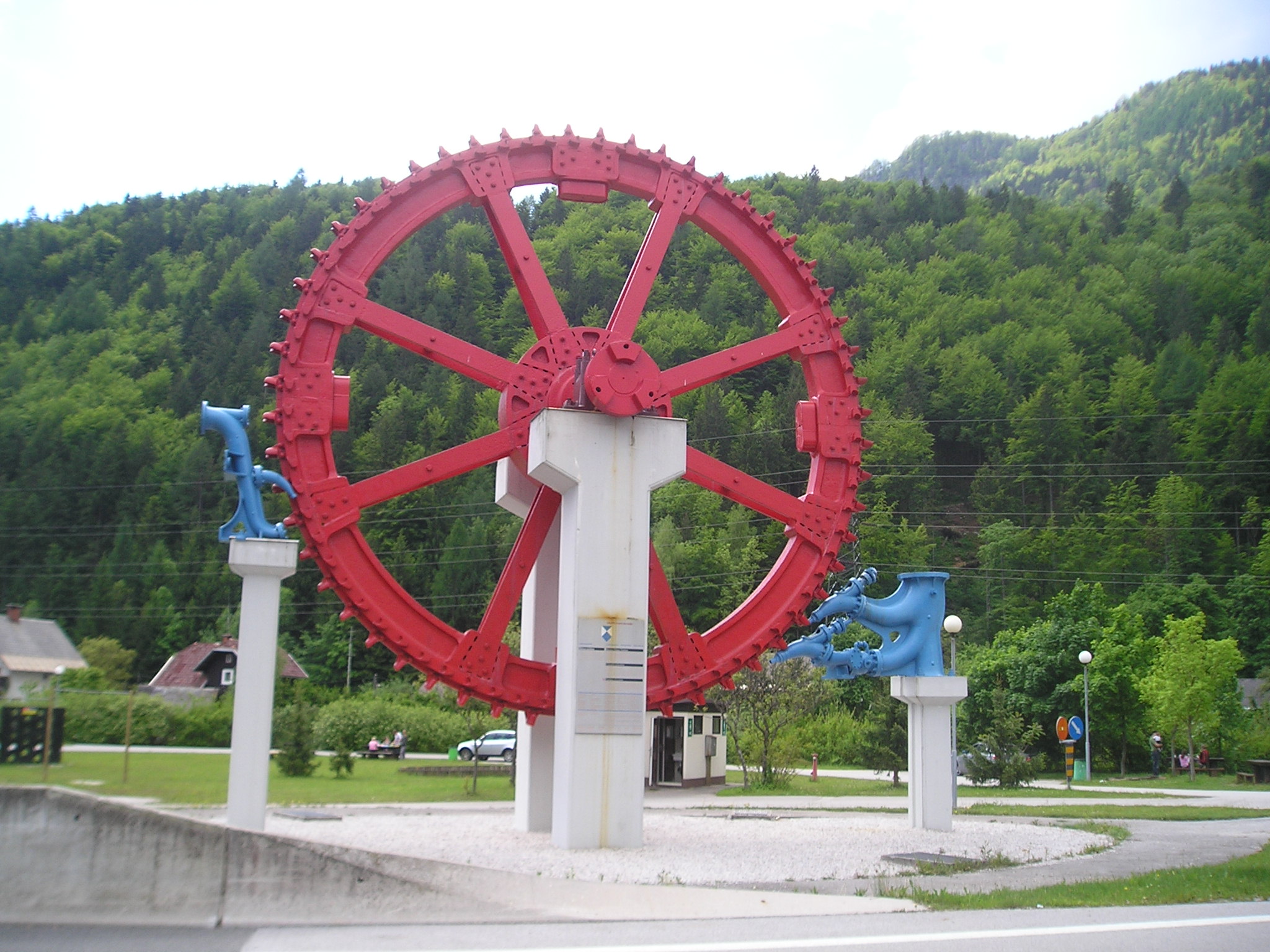 A large preserved Pelton wheel turbine, formerly used at the Jesenice Iron Foundry.