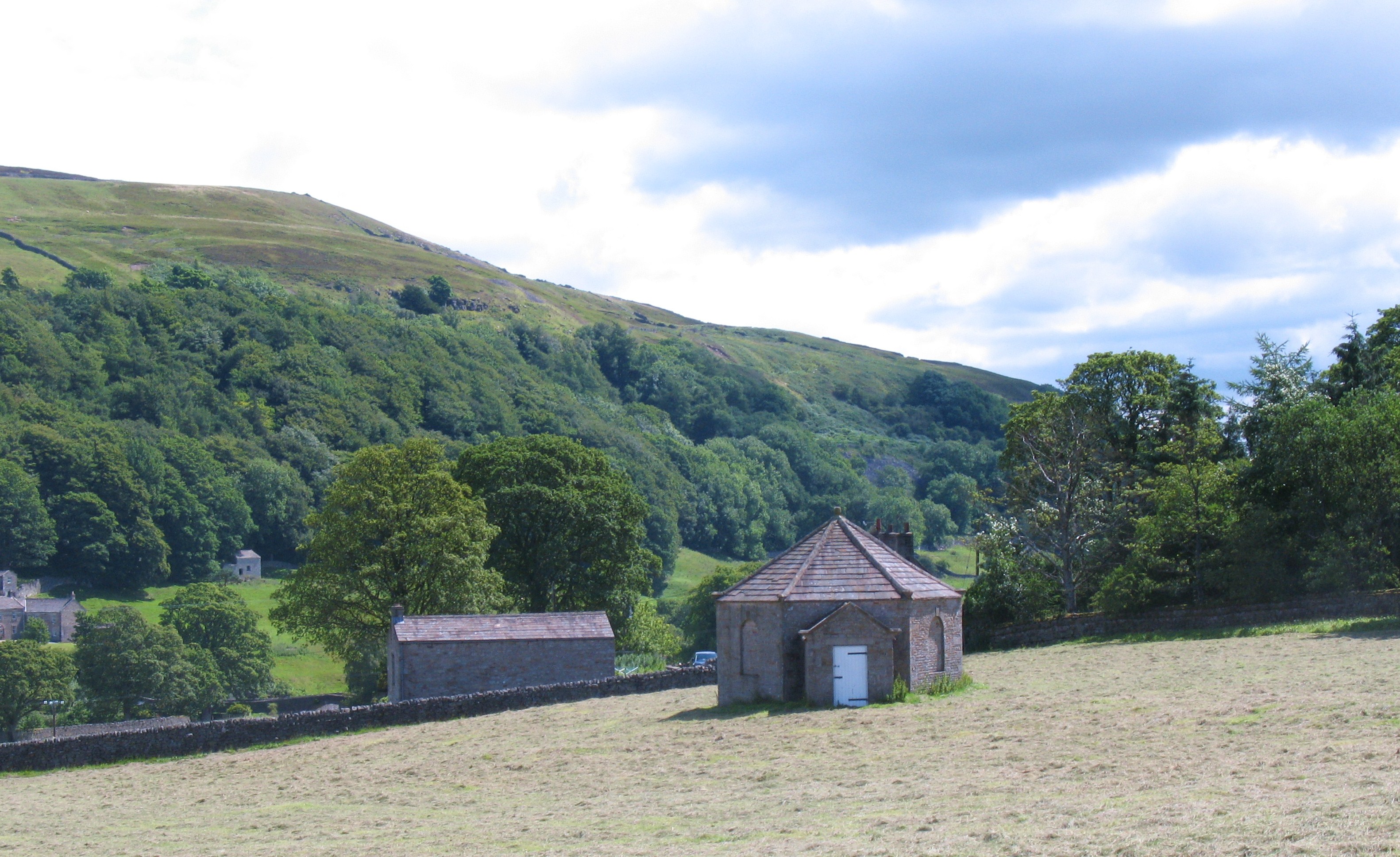 The Grade II* listed hexagonal powder house at CB Mine, Arkengarthdale, North Yorkshire.