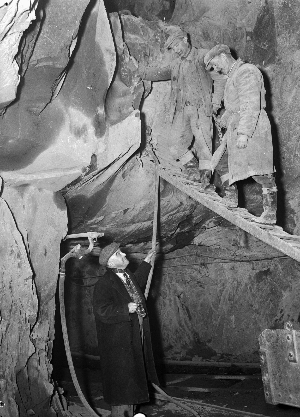 Quarrymen at work at Aberllefenni Slate Quarry, Gwynedd, photographed by Geoff Charles on 18 April 1952 — Aberllefenni was, at the time of its 2003 closure, the longest continuously worked slate mine in the world.