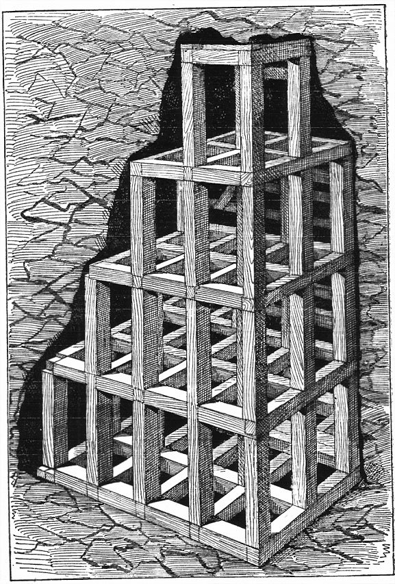 An 1877 engraving showing the cubic, honeycomb-like arrangement of square-set timber frames supporting a wide underground stope, from Dan De Quille's History of the Big Bonanza.