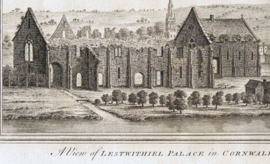 A circa-1734 engraving by the Buck brothers of the ruins of the Duchy or Stannary Palace, Lostwithiel, Cornwall, seat of the medieval stannary administration.