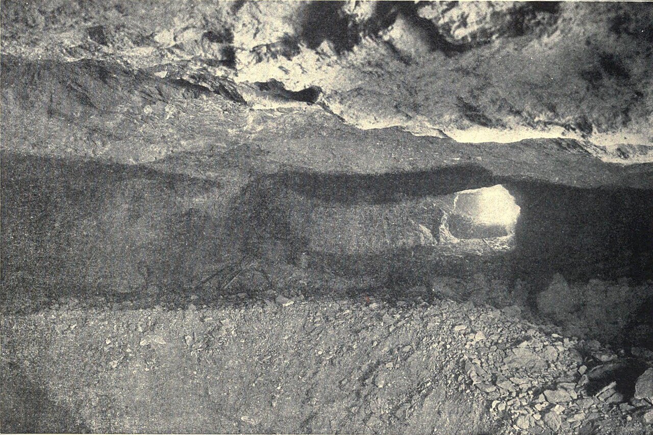A large underground stope — the void left by extracting an ore body — photographed in the Treadwell gold mine, Douglas Island, Alaska, in 1908.