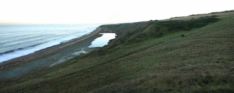 Grassy cliff slope above a grey shingle beach and the sea, with a faint diagonal channel down the slope.
