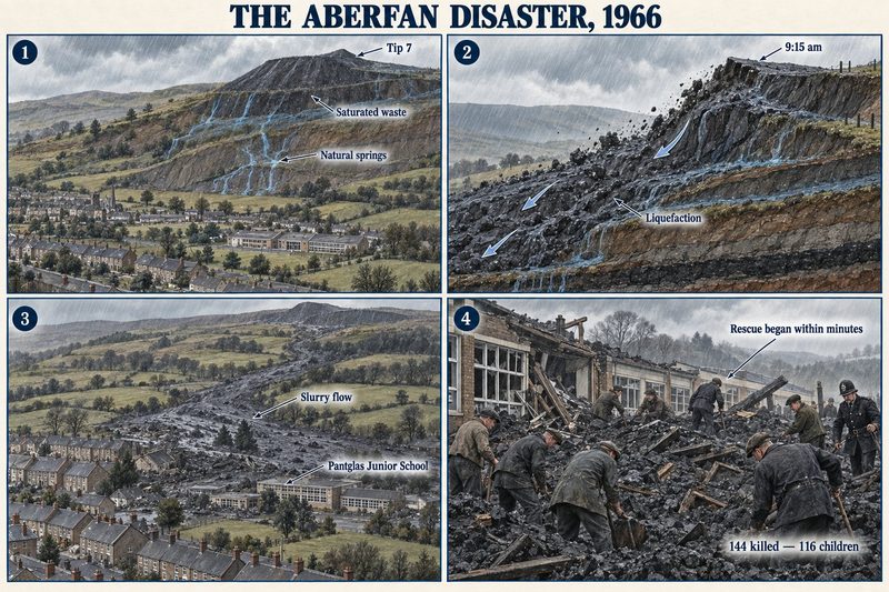 Four panels: Tip 7 on saturated ground over natural springs above Aberfan, the tip liquefying at 9:15 am, the slurry flow reaching Pantglas Junior School, and rescuers digging in the rubble.