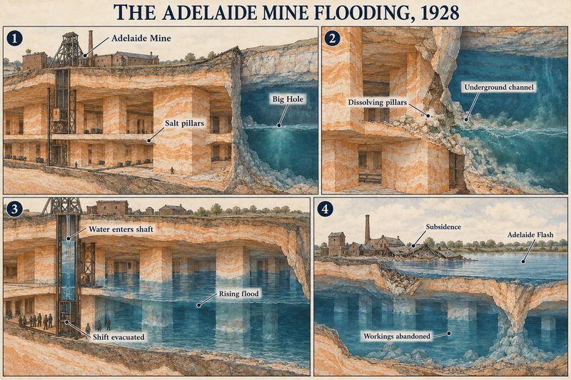 Four panels: salt pillars beside the Big Hole, the pillars dissolving, water entering the shaft as the shift leaves, and the workings abandoned under a subsidence lake.