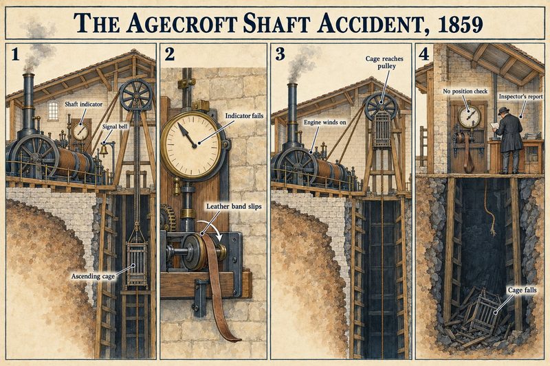 Four panels: the shaft indicator and signal bell, the indicator's leather band slipping, the cage wound up to the pulley, and the fallen cage with an inspector at the winding house.