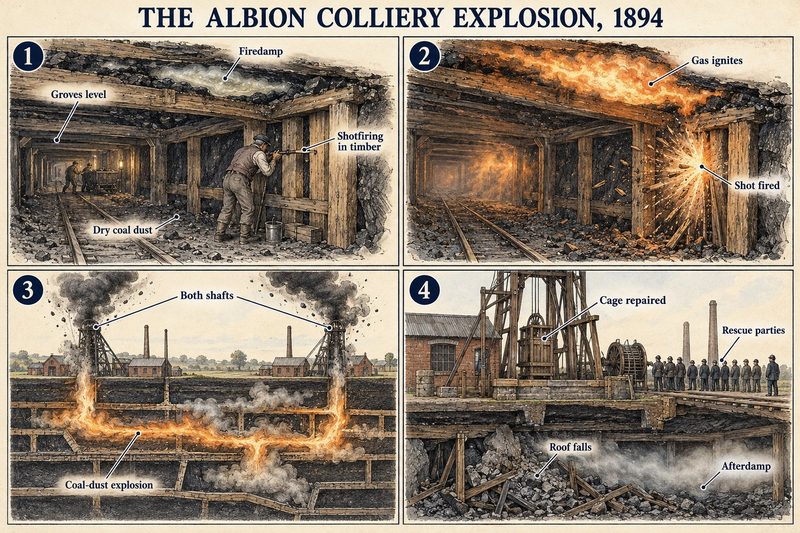 Four panels: shotfiring in timber on the Groves level among firedamp and dry coal dust, the gas igniting, a coal-dust explosion blowing out of both shafts, and rescue parties beside the repaired cage.